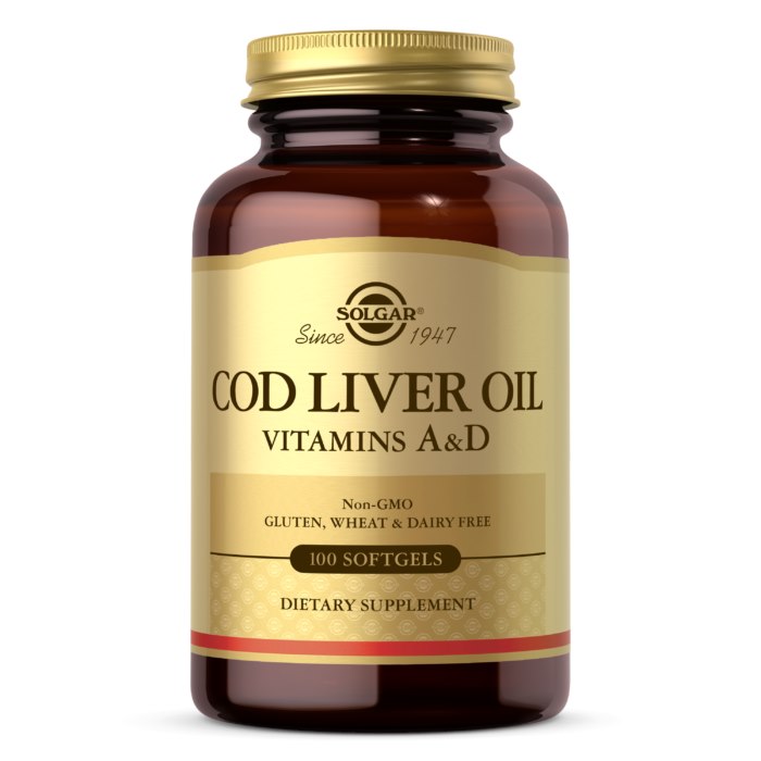 SOLGAR menkių kepenų aliejus (vitaminas A ir D) – 100 kapsulių