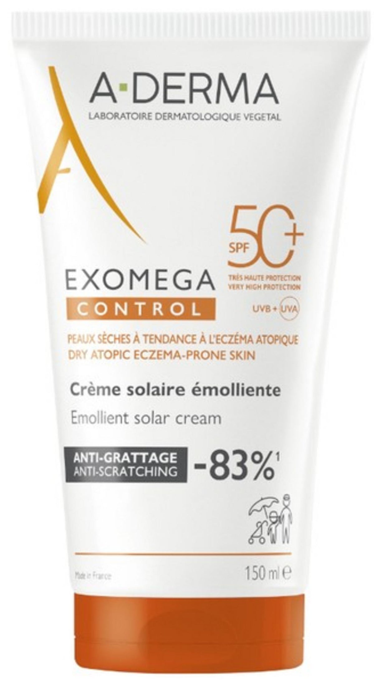 A-Derma, Exomega Control, minkštinamasis kremas veidui ir kūnui, SPF 50+, 150 ml