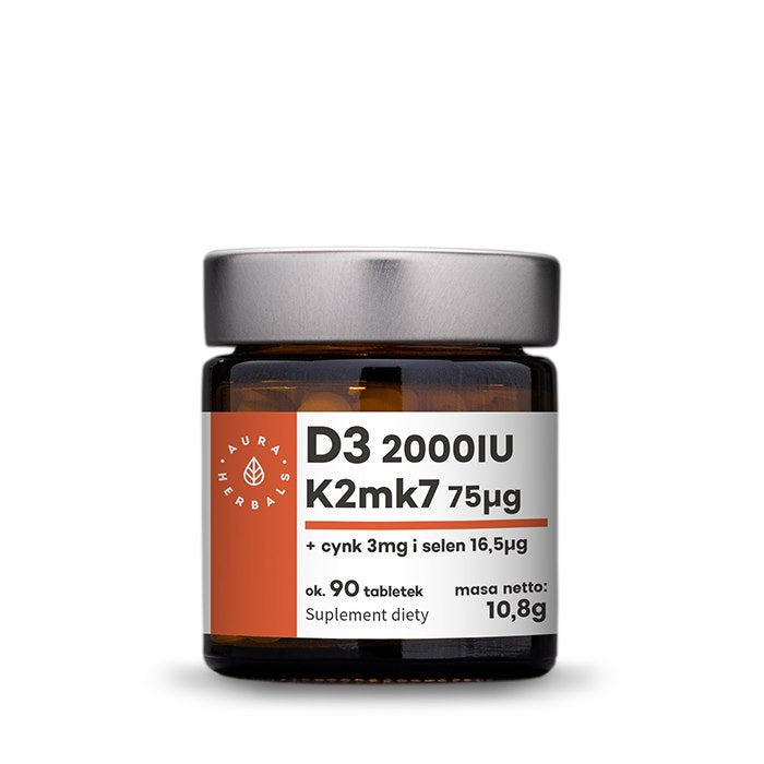 Aura Herbals vitaminas D3 2000 TV + K2mk7 + cinkas + selenas - 90 tablečių
