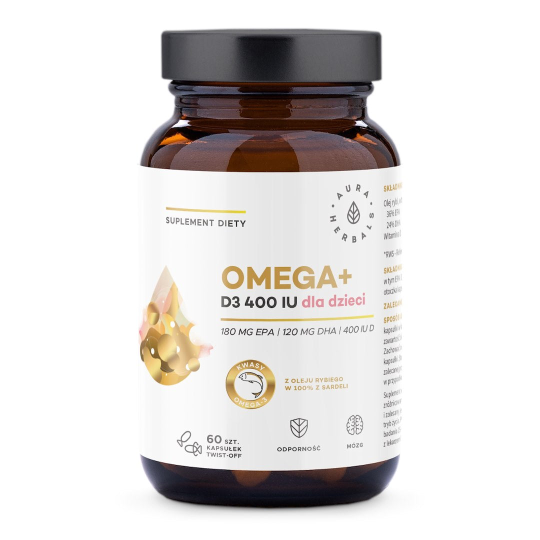 Aura Herbals Omega+ vitaminas D3 400 TV vaikams, 60 atsukamų kapsulių