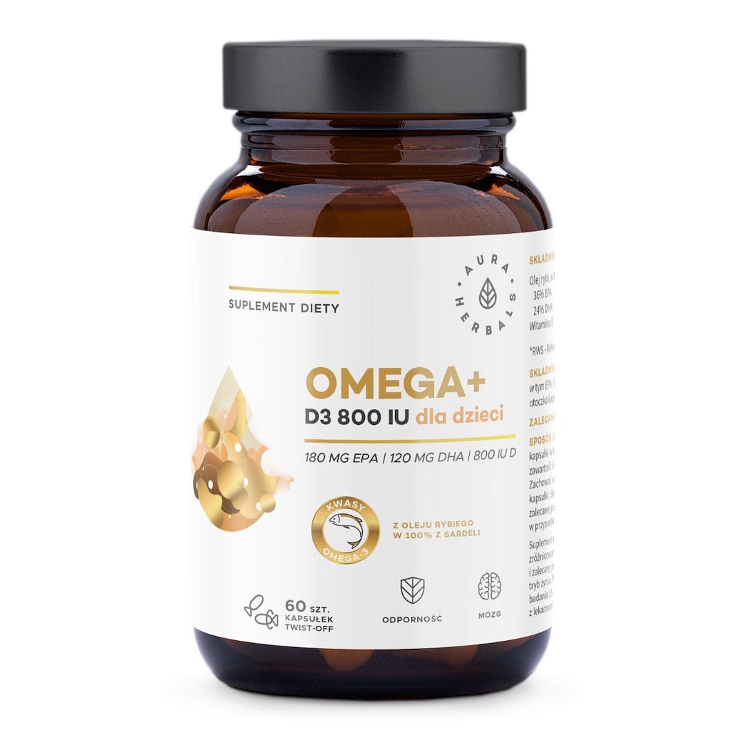 Aura Herbals Omega+ vitaminas D3 800 TV vaikams, 60 atsukamų kapsulių