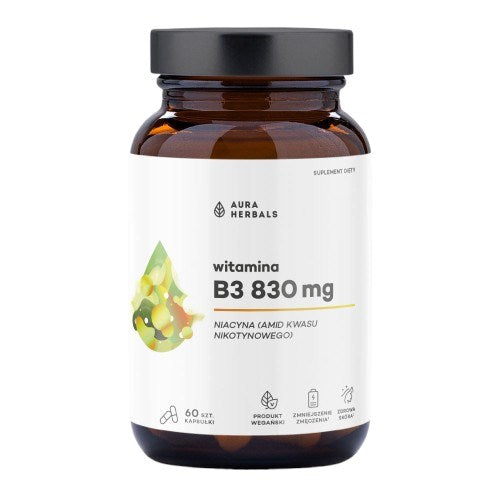 AURA HERBALS Witamina B3 830 mg, niacyna (60 kaps.)