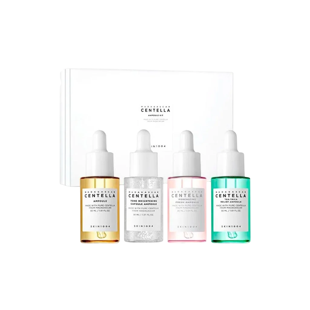 Madagascar Centella Set Skin1004: Poremizing, Pore-Minimising & Smoothing, Day & Night, Ampoules Treatment Serum, For Face, For Women, 30 ml + Tea-Trica, Smoothing, Day & Night, Ampoules Treatment Serum, For Face, For Women, 30 ml + Tone Brightening, B...