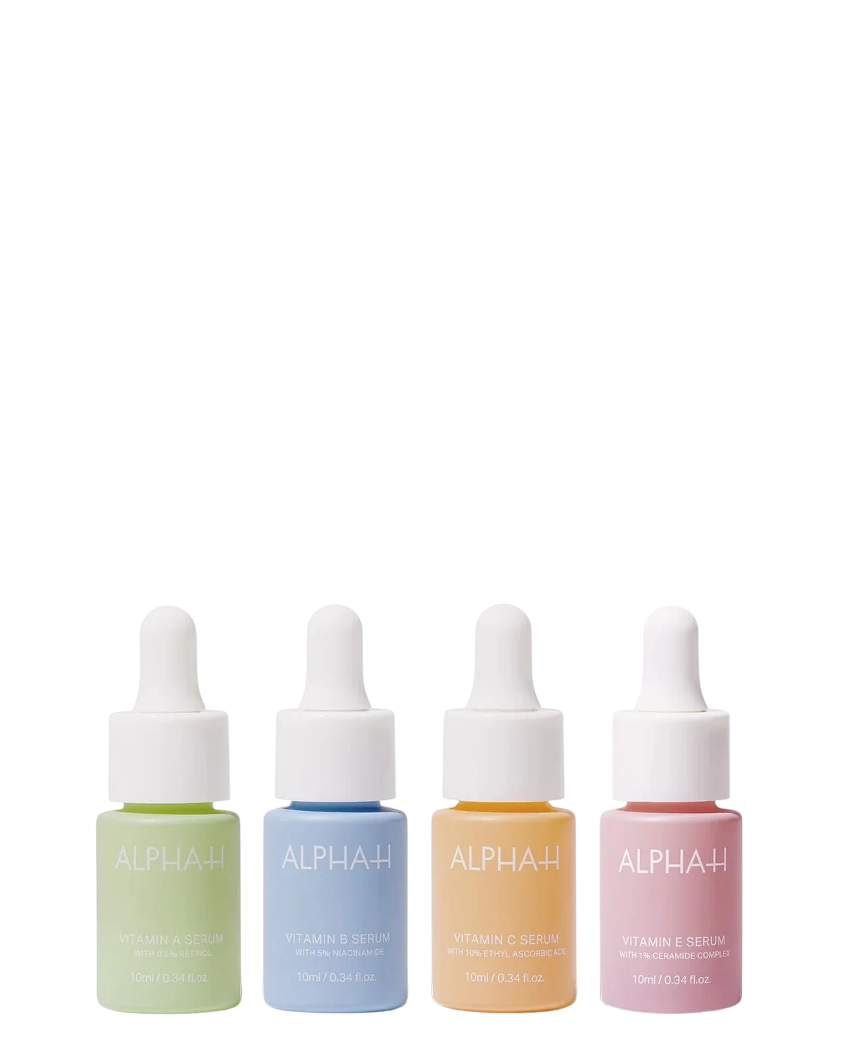Alpha-H veido serumų rinkinys – Vitamin C skaistinantis ir drėkinantis serumas 10 ml + Vitamin B drėkinantis, raminantis ir apsauginis serumas 10 ml + Vitamin B drėkinanti ir raminanti veido priežiūros priemonė