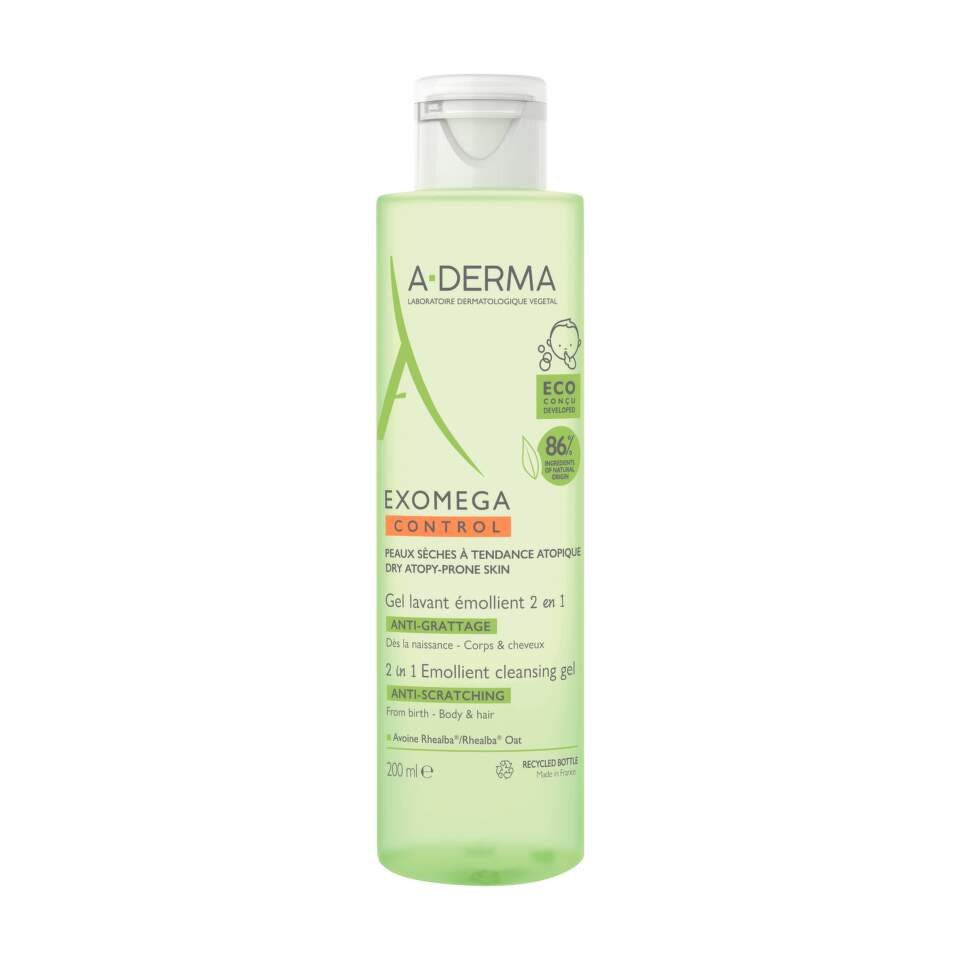 A-Derma, Exomega Control, nuo įbrėžimų ir raminantis valomasis gelis plaukams ir kūnui, 200 ml