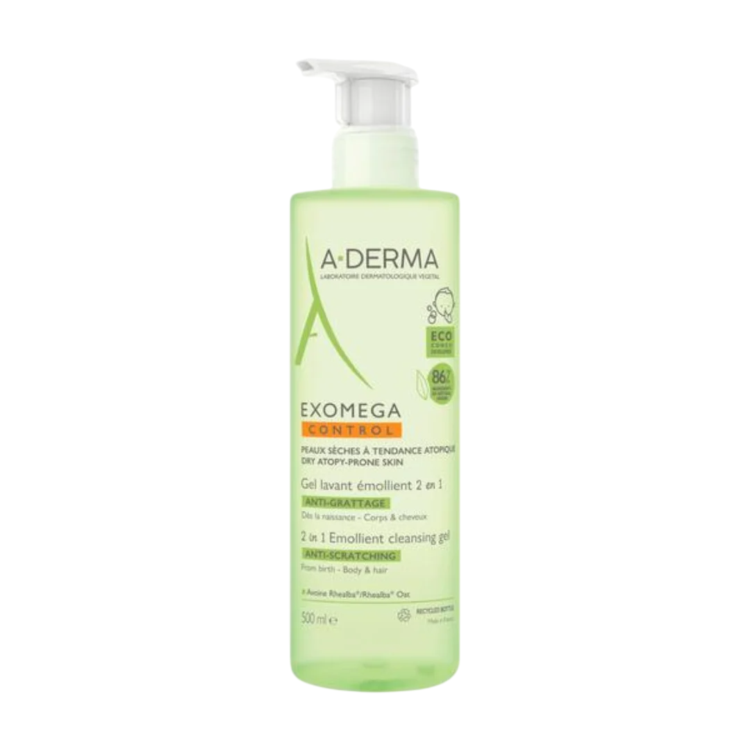 A-Derma, Exomega Control, minkštinamasis dušo želė, plaukams ir kūnui, visiems odos tipams, 500