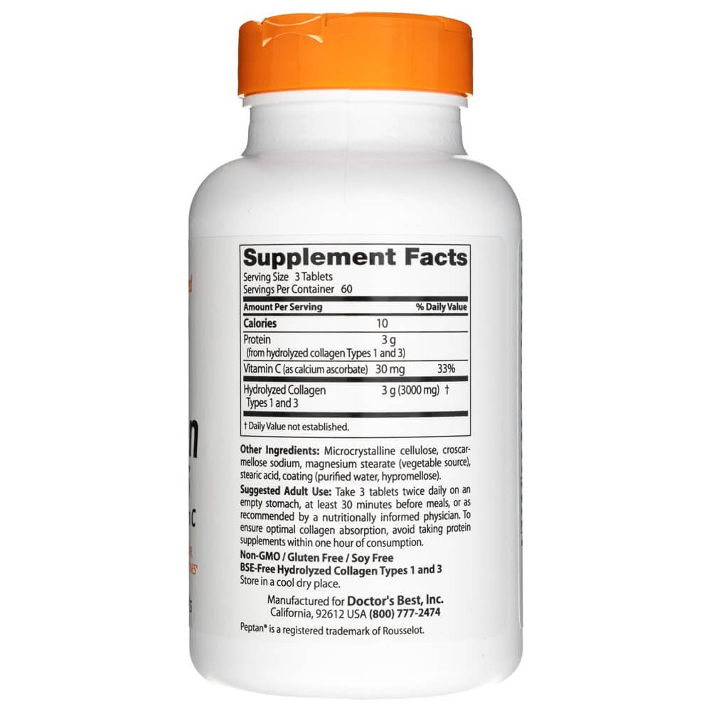 Doctor's Best 1 ir 3 tipų kolagenas su Peptanu ir vitaminu C 1000 mg – 180 tablečių
