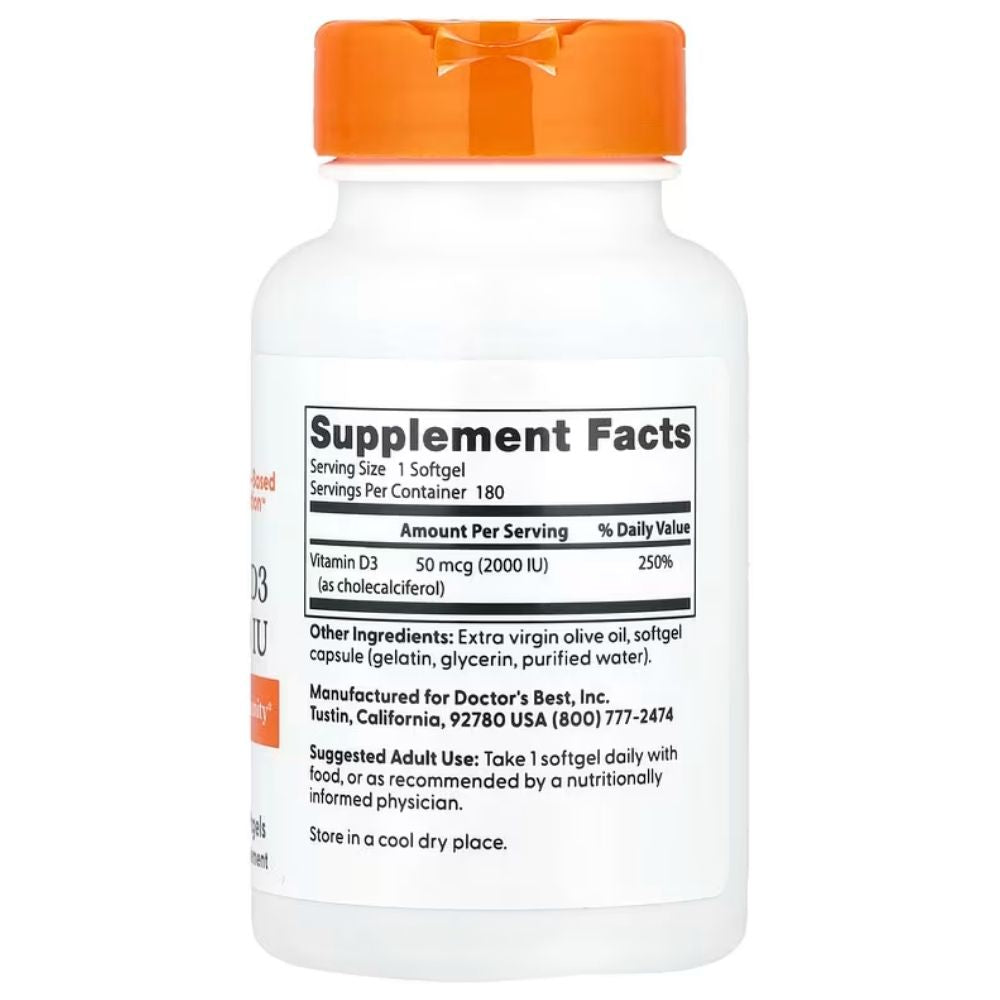 Doctor's Best vitaminas D3 50 mcg – 180 kapsulių