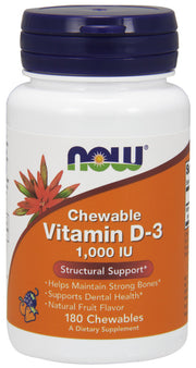 NOW Foods vitaminas D - 3, 1000 TV (kramtomosios tabletės) – 180 kramtomųjų tablečių