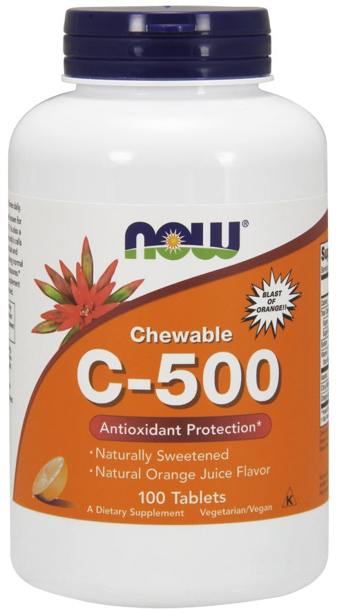 NOW Foods kramtomosios vitamino C - 500 tabletės, apelsinų skonio – 100 tablečių
