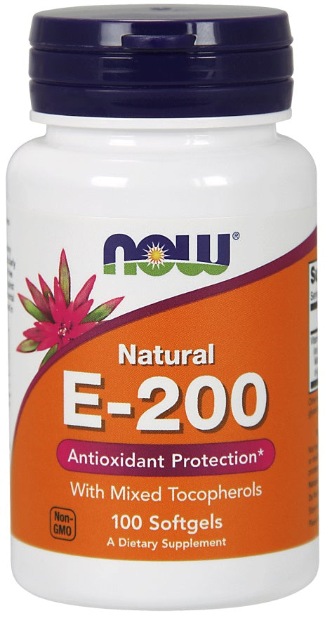 NOW Foods vitaminas E - 200 – natūralus (mišrūs tokoferoliai) – 100 kapsulių