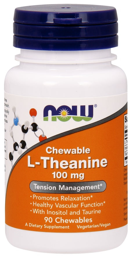 NOW Foods L - teaninas su inozitoliu ir taurinu, 100 mg – 90 kramtomųjų tablečių