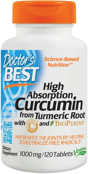 Doctor's Best siūlomas didelės absorbcijos kurkuminas iš ciberžolės šaknies su C3 kompleksu ir bioperinu, 1000 mg – 120 tablečių