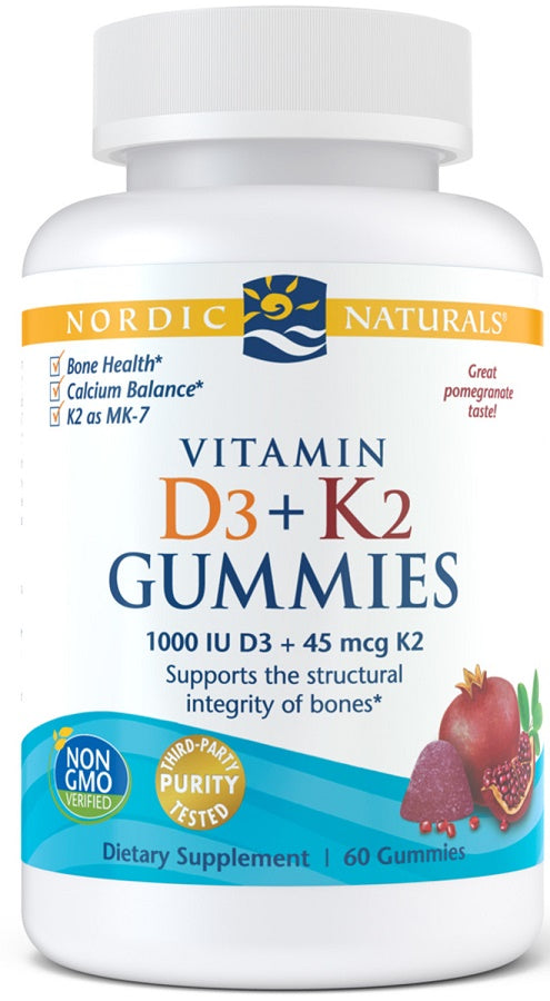 Nordic Naturals vitamino D3+K2 guminukai, granatų skonio – 60 guminukų