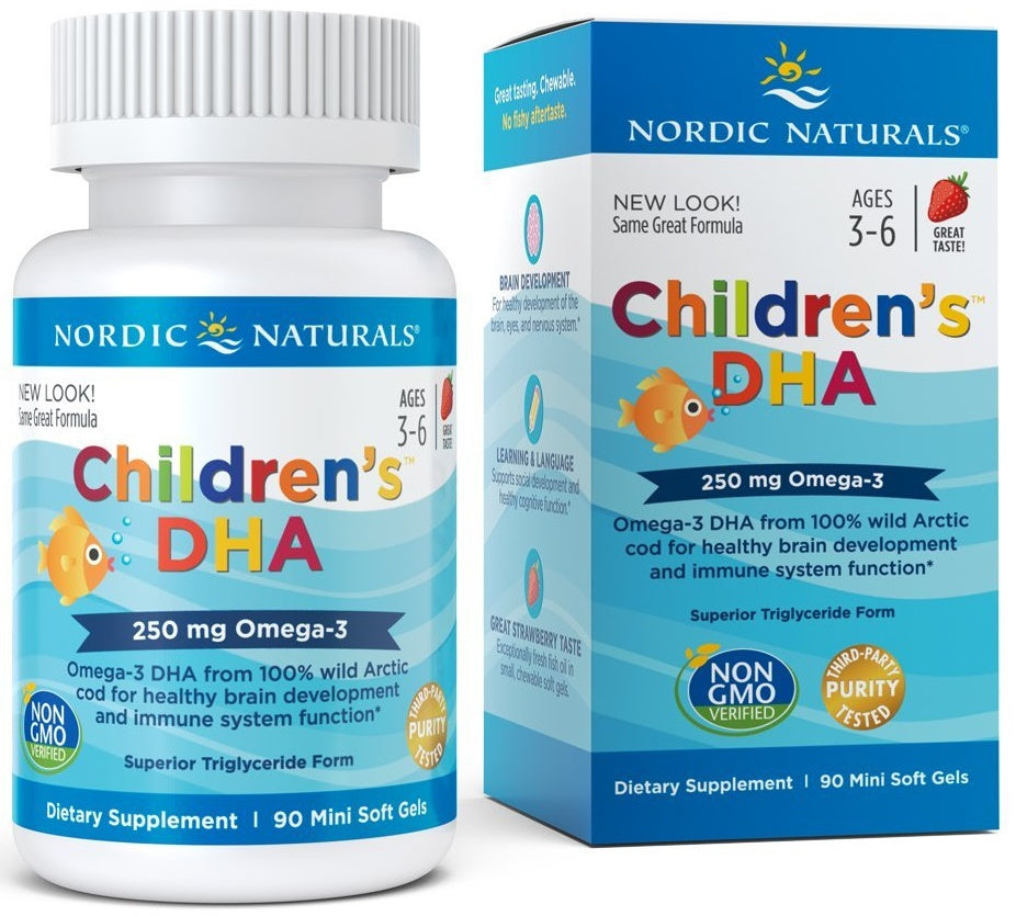 Nordic Naturals vaikams skirtos DHA, 250 mg Omega - 3 braškių skonio – 90 mini kapsulių