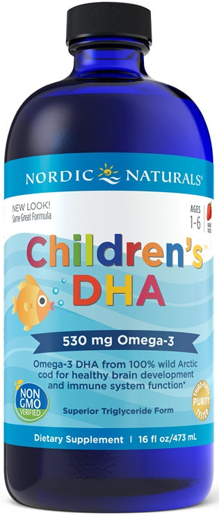 Nordic Naturals vaikams skirtas DHA, 530 mg Omega - 3, braškių skonio – 473 ml.