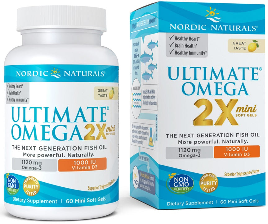 Nordic Naturals Ultimate Omega 2X Mini su vitaminu D3, 1120 mg citrinų skonio – 60 mini kapsulių