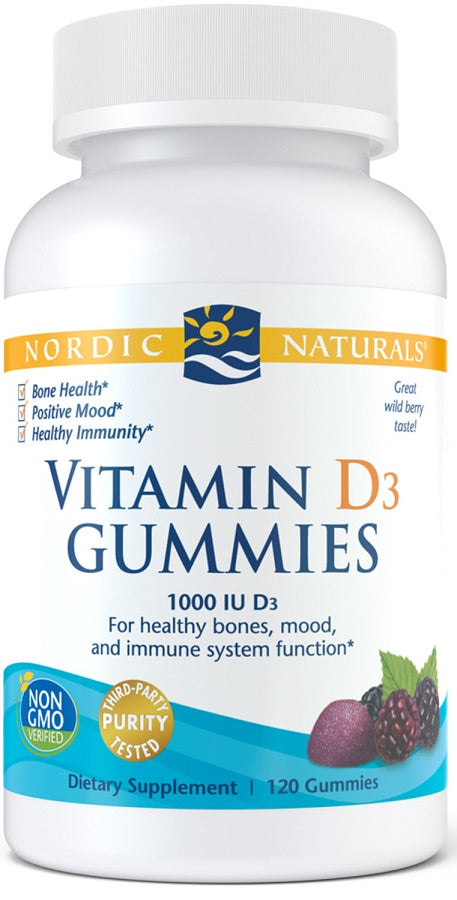 Nordic Naturals vitamino D3 guminukai, 1000 TV miško uogų – 120 guminukų