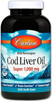 Carlson Labs laukinių norvegiškų menkių kepenų aliejaus brangakmeniai, 1000 mg – 250 kapsulių