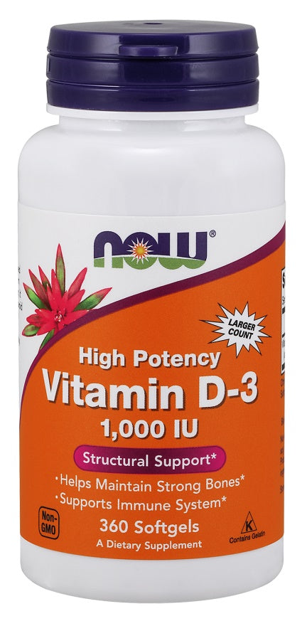 NOW Foods vitaminas D - 3, 1000 TV – 360 kapsulių