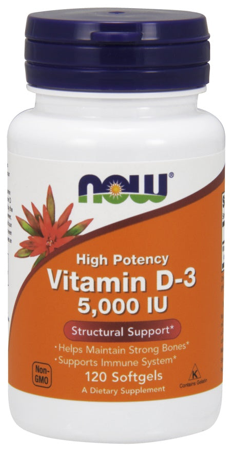Produkto nuotrauka: NOW Foods Vitamin D-3, 5000 IU - 120 minkštųjų kapsulių