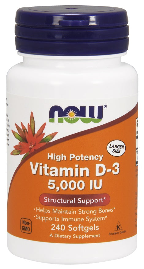 Produkto nuotrauka: NOW Foods Vitamin D-3, 5000 IU - 240 minkštųjų kapsulių