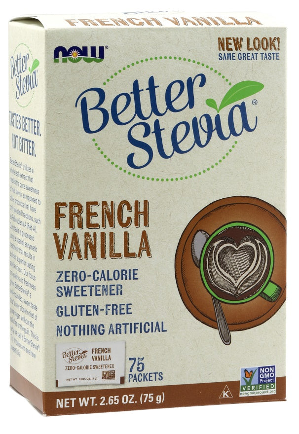 NOW Foods Better Stevia pakeliai, prancūziška vanilė – 75 pakeliai