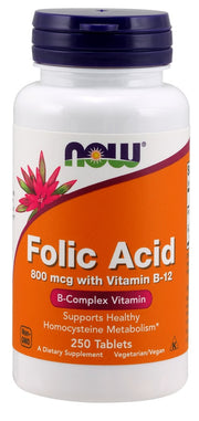 Produkto nuotrauka: NOW Foods Folic Acid with Vitamin B12, 800mcg - 250 tablečių