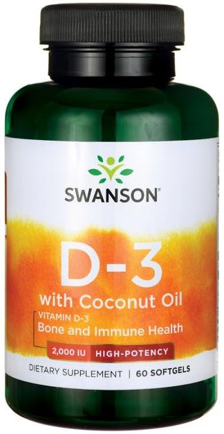 Swanson vitaminas D - 3 su kokosų aliejumi, 2000 TV – 60 kapsulių