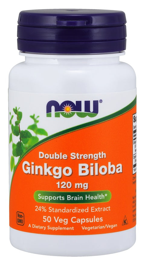NOW Foods dvigubo stiprumo ginkmedis (Ginkgo Biloba), 120 mg – 50 kapsulių