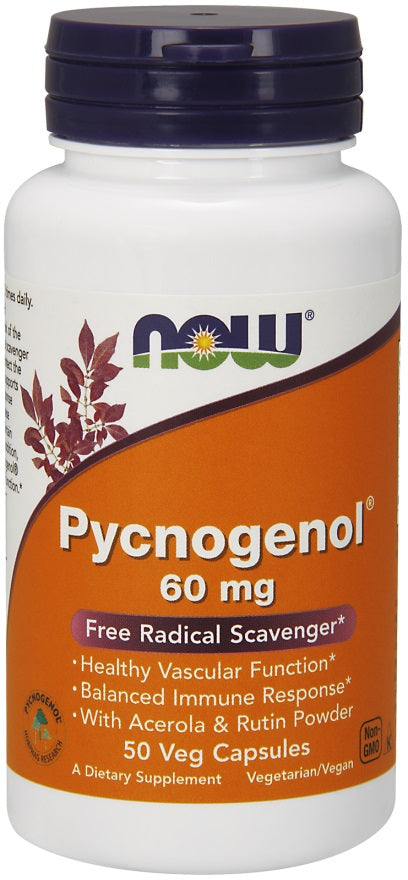 NOW Foods Pycnogenol su acerolos ir rutino milteliais, 60 mg – 50 kapsulių