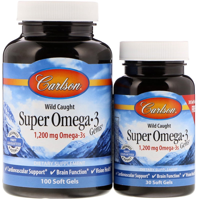 Carlson Labs laukinėje gamtoje sugautos super omega - 3 riebalų rūgštys, 1200 mg – 100 + 30 kapsulių