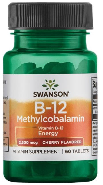 Swanson vitamino B - 12 metilkobalaminas, 2500 mcg vyšnių skonio – 60 tablečių