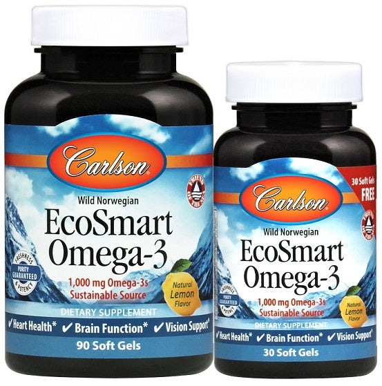 Carlson Labs Smart Omega - 3, 1000 mg natūralios citrinos skonio – 90 + 30 kapsulių