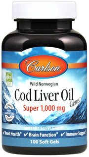 Carlson Labs laukinių norvegiškų menkių kepenų aliejaus brangakmeniai, 1000 mg – 100 kapsulių