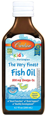 Carlson Labs Kid's aukščiausios kokybės žuvų taukai, 800 mg citrinų skonio – 200 ml.