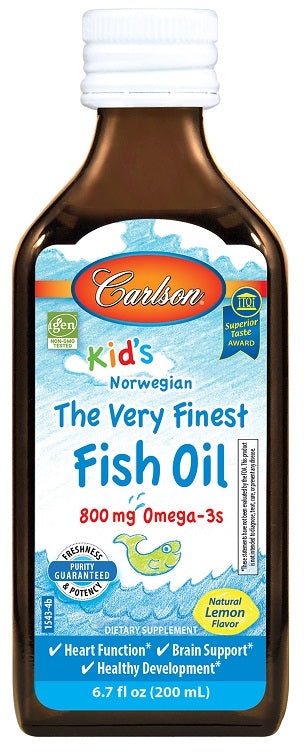Carlson Labs Kid's aukščiausios kokybės žuvų taukai, 800 mg citrinų skonio – 200 ml.