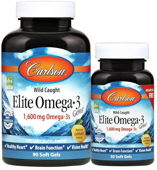 Carlson Labs Elite Omega - 3 Gems, 1600 mg natūralios citrinos skonio – 90 + 30 kapsulių