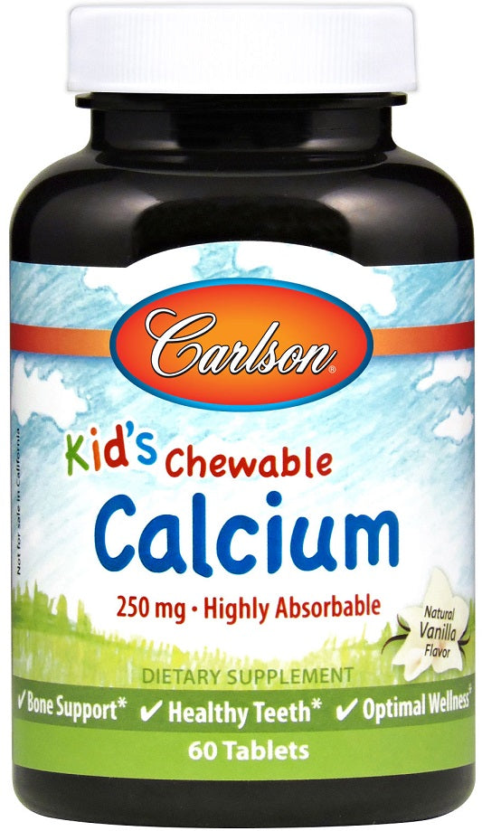 Carlson Labs vaikams skirtas kramtomasis kalcis, 250 mg natūralios vanilės skonio – 60 tablečių