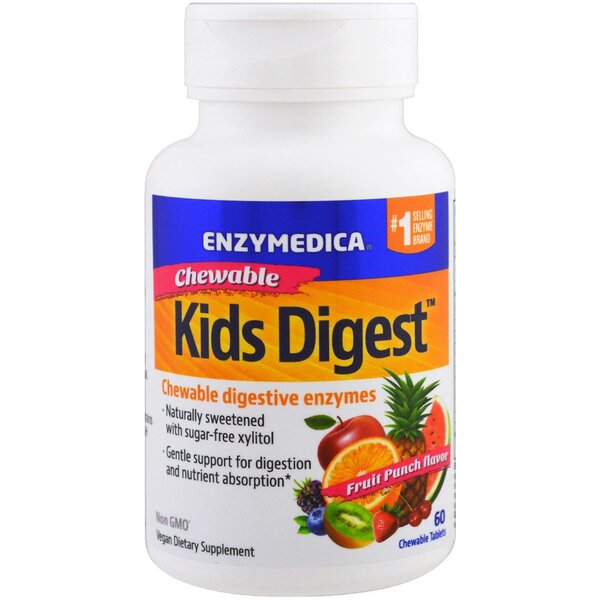 Enzymedica Kids Digest, vaisių punšas - 60 kramtomųjų tablečių