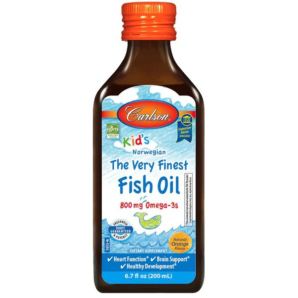 Carlson Labs Kid's aukščiausios kokybės žuvų taukai, 800 mg natūralių apelsinų skonio – 200 ml.