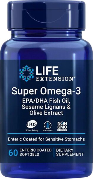 Life Extension Super Omega - 3 EPA/DHA su sezamų lignanais ir alyvuogių ekstraktu – 60 kapsulių, padengtų žarnyne tirpstančia danga