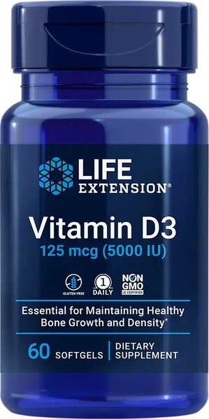 Life Extension vitaminas D3, 5000 TV - 60 kapsulių
