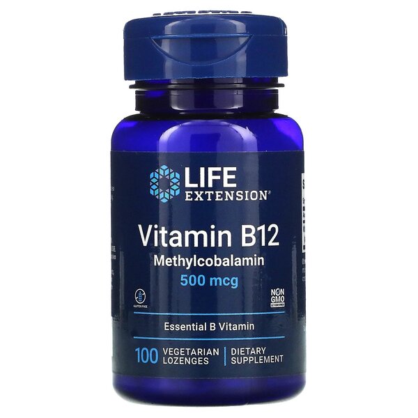 Life Extension vitaminas B12 metilkobalaminas, 500 mcg - 100 vegetariškų pastilių