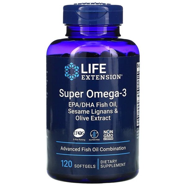 Life Extension Super Omega - 3 EPA/DHA žuvų taukai, sezamų lignanai ir alyvuogių ekstraktas – 120 kapsulių