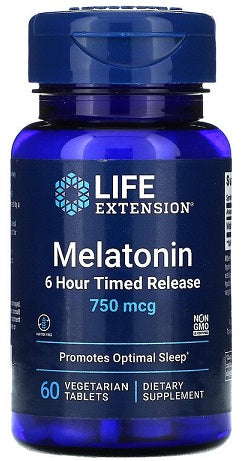 Life Extension melatoninas su 6 valandų atpalaidavimu, 750 mcg - 60 vegetariškų tablečių
