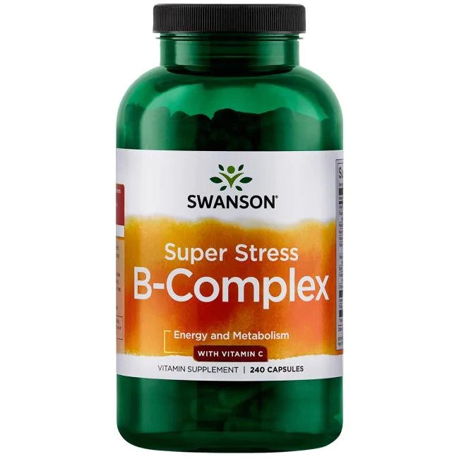 Swanson Super Stress B grupės vitaminų kompleksas su vitaminu C – 240 kapsulių