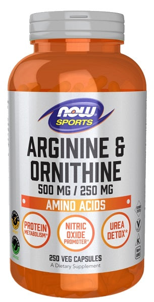 NOW Foods argininas ir ornitinas – 250 kapsulių