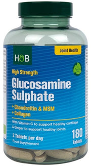 Holland & Barrett didelio stiprumo gliukozamino sulfatas + chondroitinas ir MSM + kolagenas – 180 tablečių