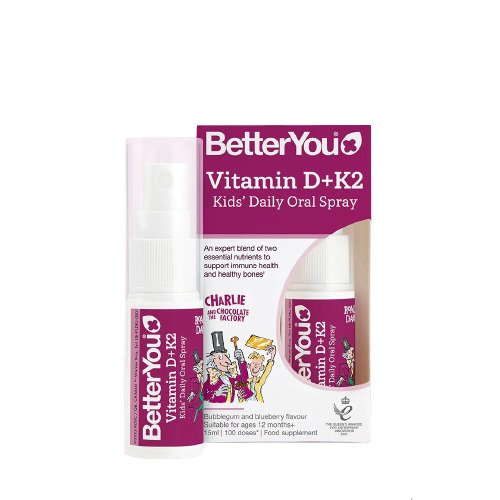 BetterYou vitamino D+K2 vaikams skirtas kasdienis burnos purškalas su kramtomąja guma ir mėlynėmis – 15 ml.